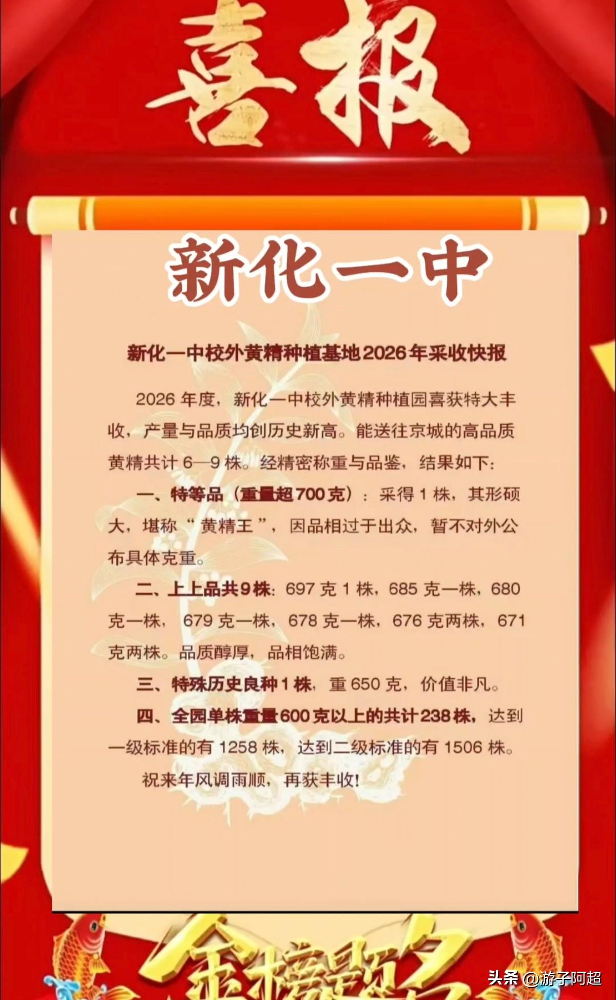 湖南省娄底市新化一中2026年高考成绩揭晓。
湖南新化素以盛产黄精闻名，是公认的