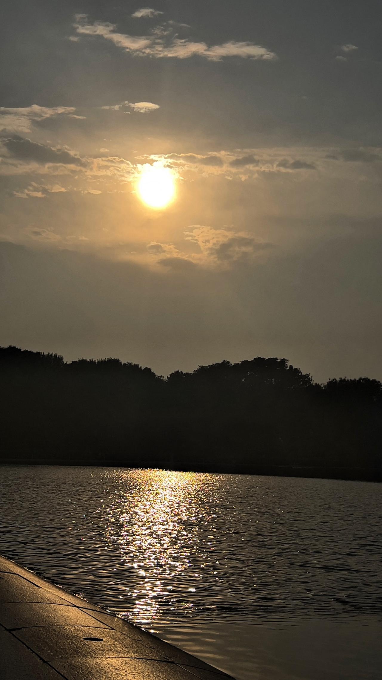 国家大剧院的傍晚，夕阳西下，湖面波光粼粼，静谧而美丽。