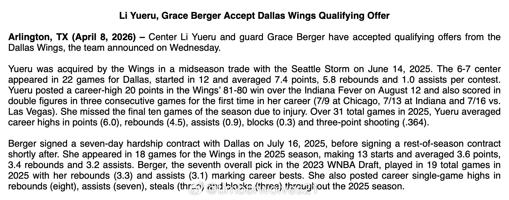 李月汝已正式与达拉斯飞翼队签署她的合格报价 