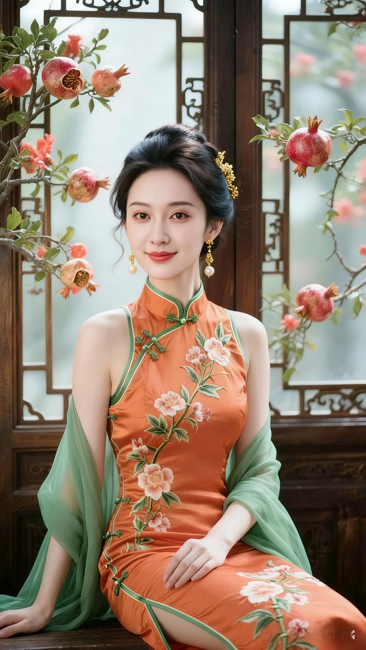 东方美人，古典韵味，红衣绿纱，花枝招展。