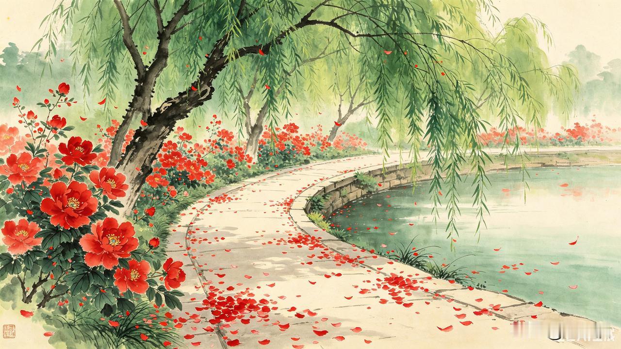 上联：万色红花香满径
下联：千丛绿柳翠盈堤