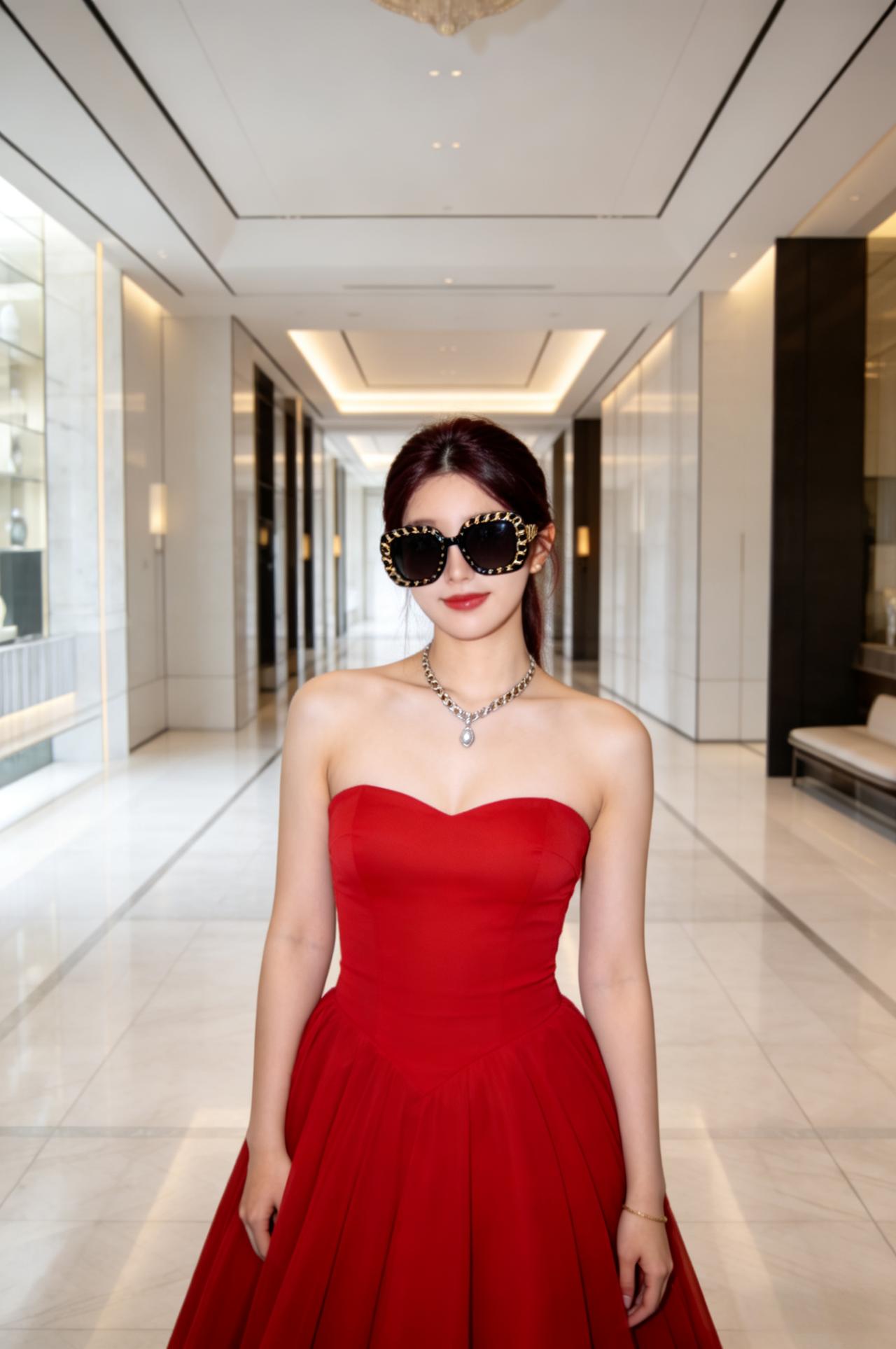 什么样的穿搭可以成为气质女神?
她身着抹胸红裙，勾勒出肩颈线条，颈间搭配精致的银