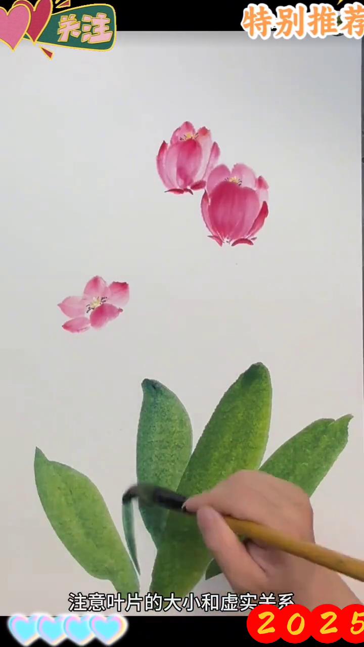 郁金香画法。
·笔肚清水，笔尖曙红，两笔画出一个花瓣，注意花瓣的大小和颜色深浅变