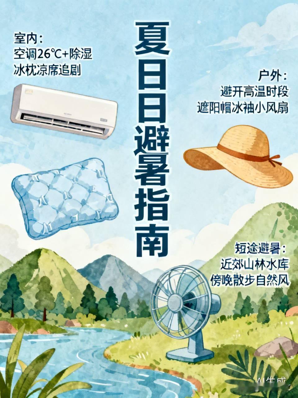 室内：空调设置26℃搭配除湿模式，比一直开低温更省电，在家备上冰枕、凉席，午后窝