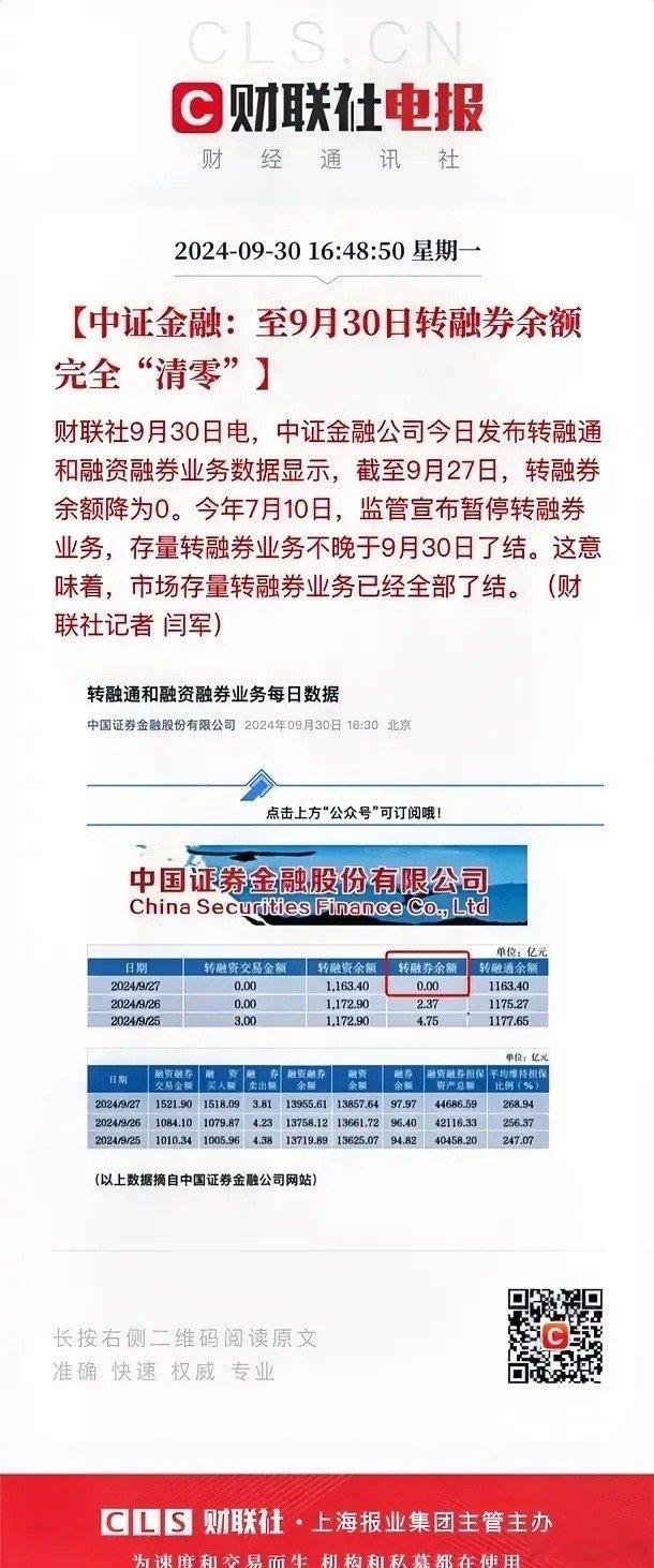 转融券余额完全“清零”，这意味着，市场存量转融券业务已经全部了结。完全斩断了转融