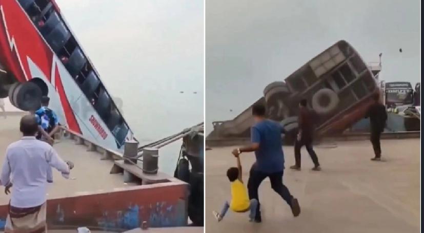 孟加拉中部拉杰巴里地区（Rajbari）一辆载有约50人的客运巴士，在准备登上渡