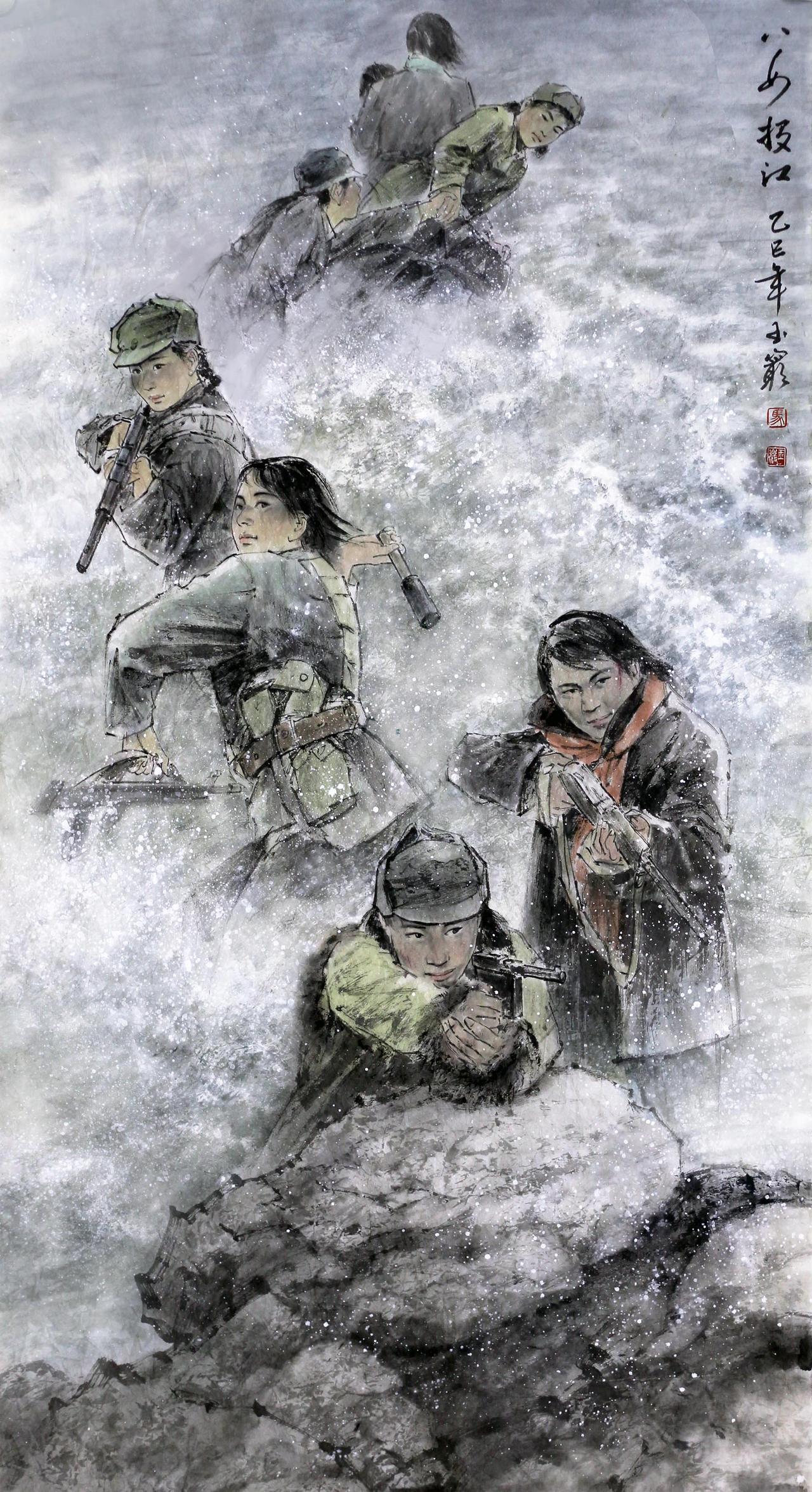 国画《八女投江》马玉岩作