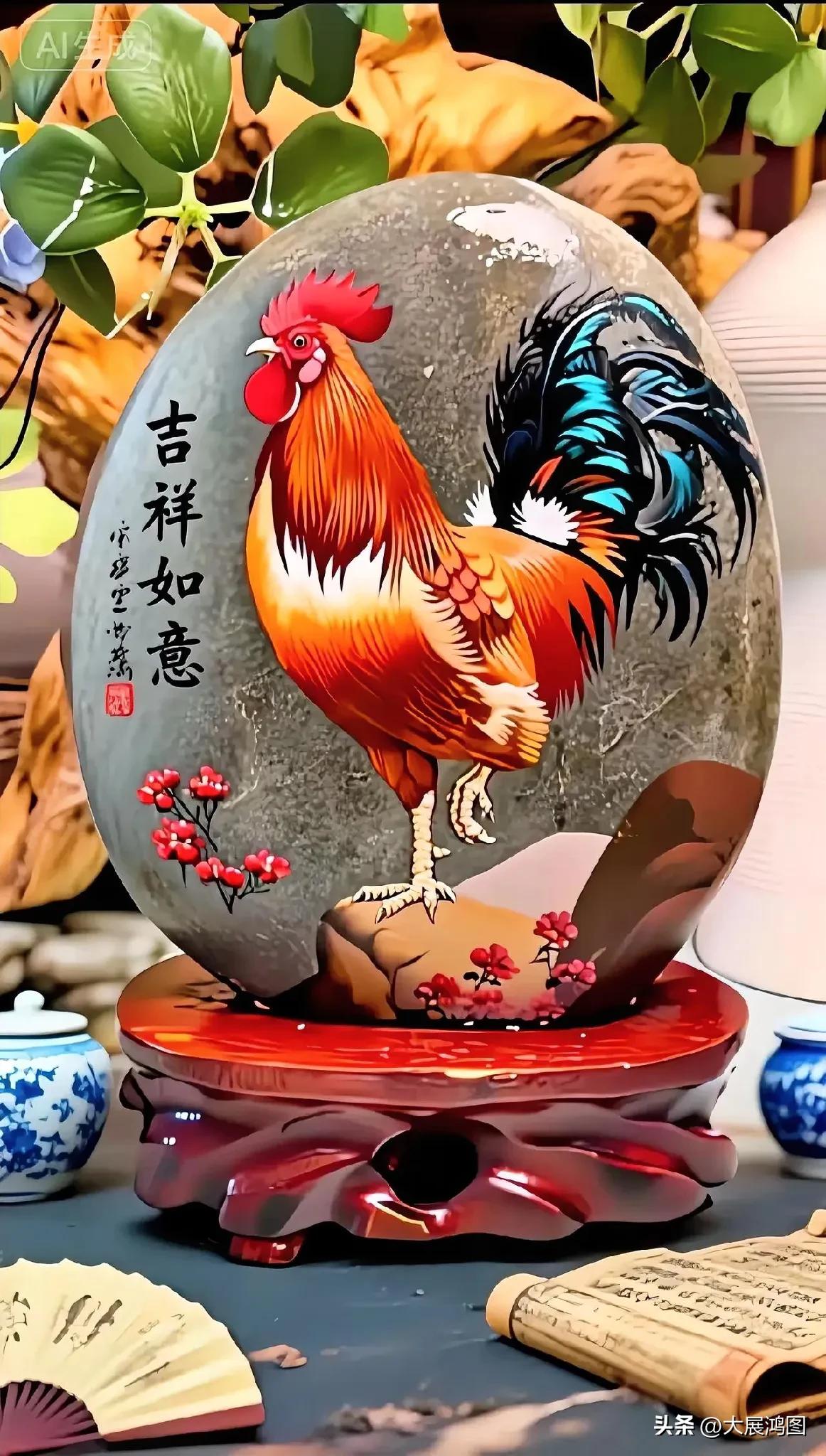 吉祥如意的公鸡摆件，招财纳福，福泽盈满！🐔💰🍎。鸿运公鸡装饰画 公鸡挂画 