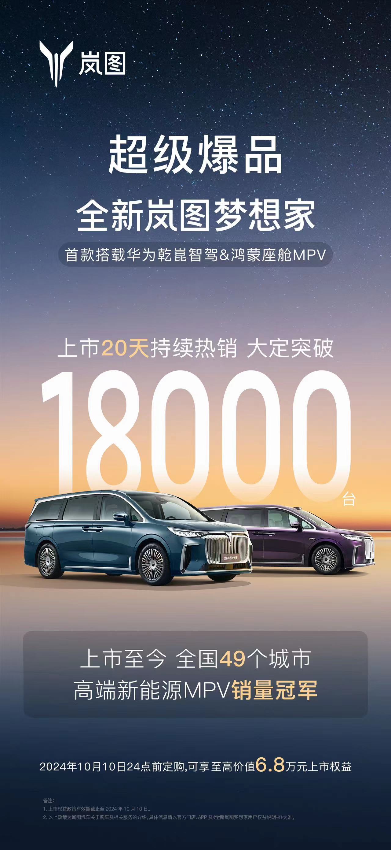 9月19日全新梦想家上市，不到一个月的10月10日单日大定突破2500台，超越了