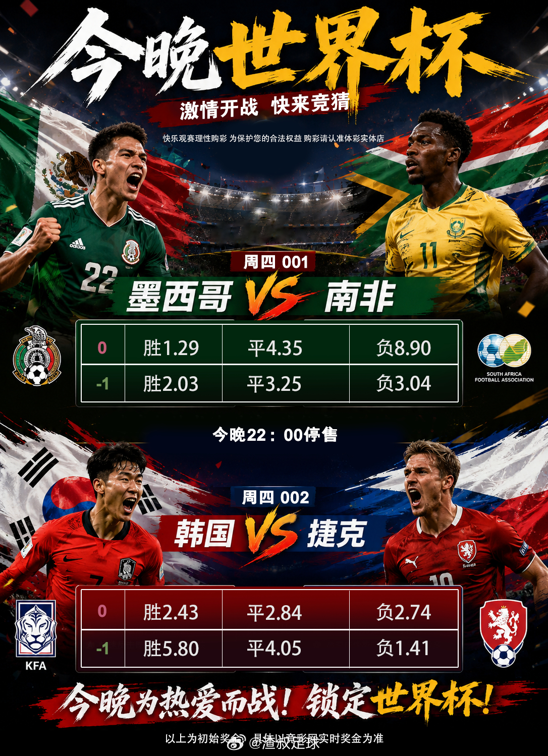 两场焦点对决同步上线周四001墨西哥VS南非周四002韩国VS捷克