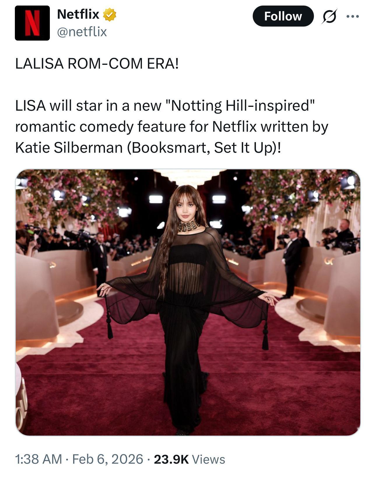 Netflix官宣！！LISA将出演浪漫喜剧！目前官方只说这部作品是以《诺丁山》