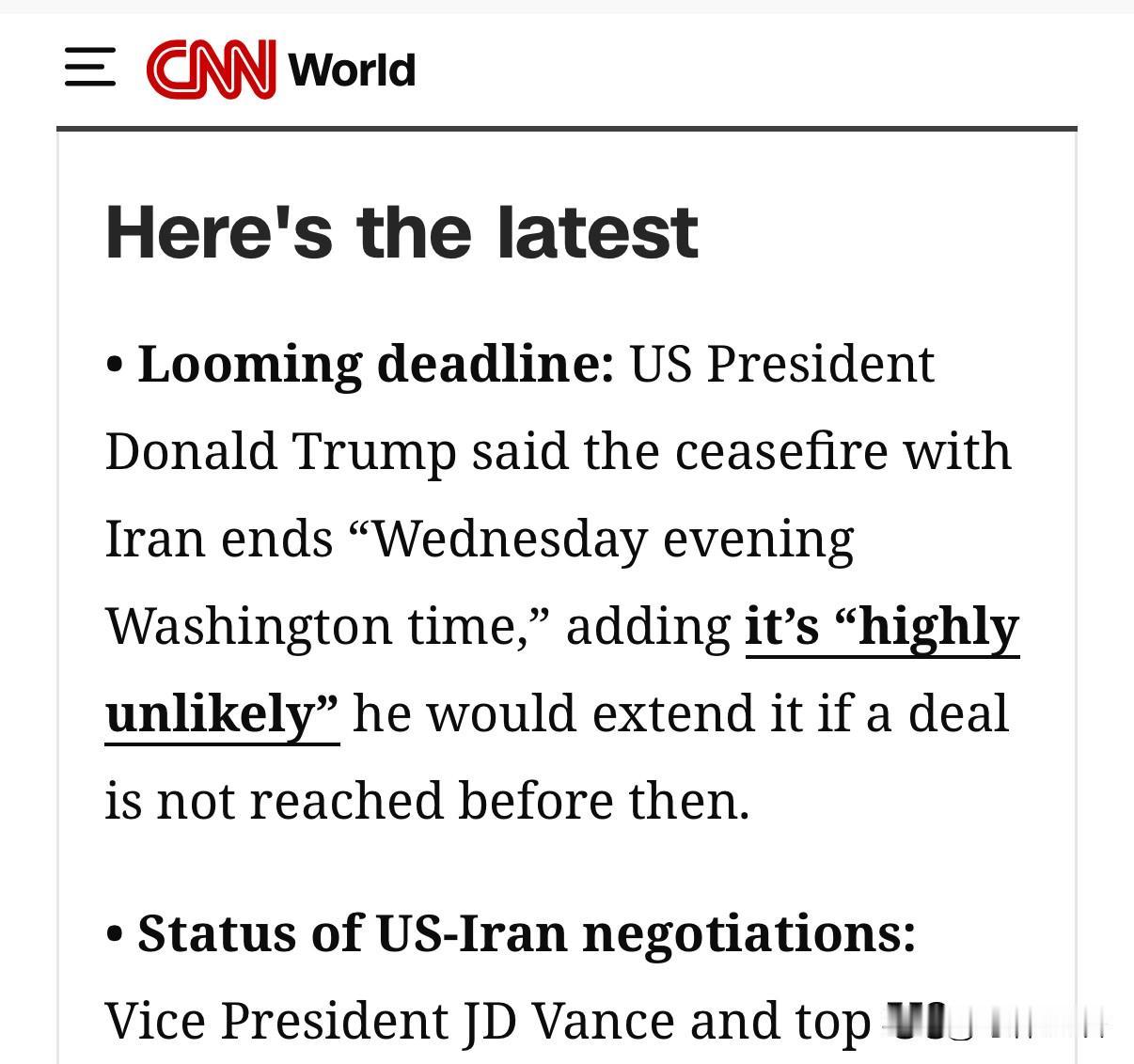 川普表示，与伊朗的停火时间将于周三晚上截止。他继续暗示，若在那一刻之前没有达成协