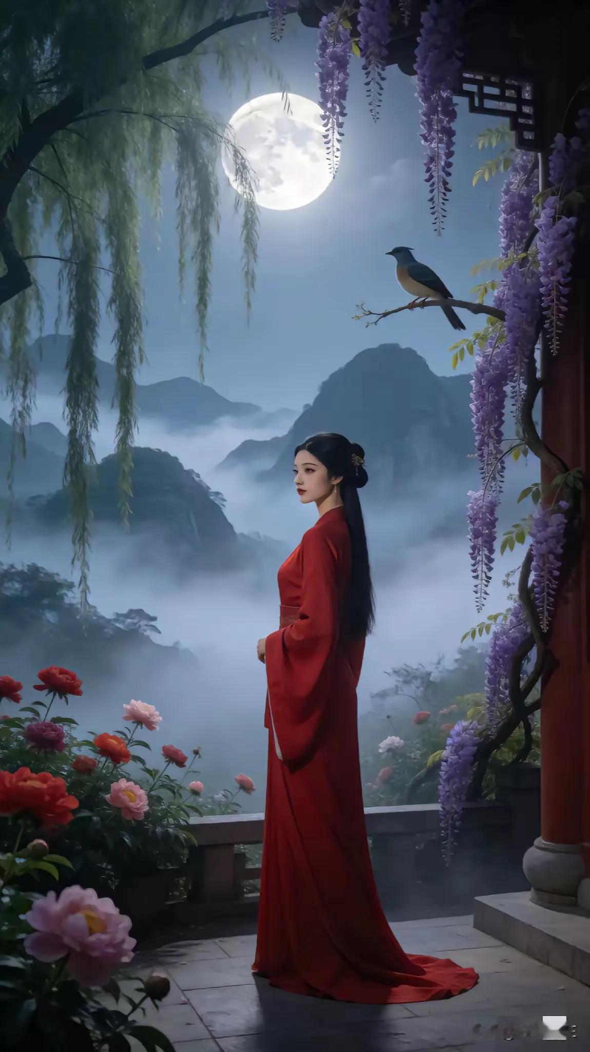 青峰漫起千层雾，
秀女临风万种情。
横批：《青峰雾与万种情》