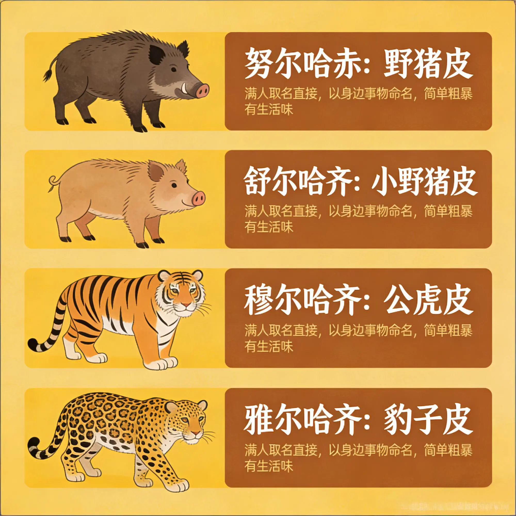 满人取名很粗糙，努尔哈赤意思是野猪皮，舒尔哈齐是小野猪皮，穆尔哈齐是公...