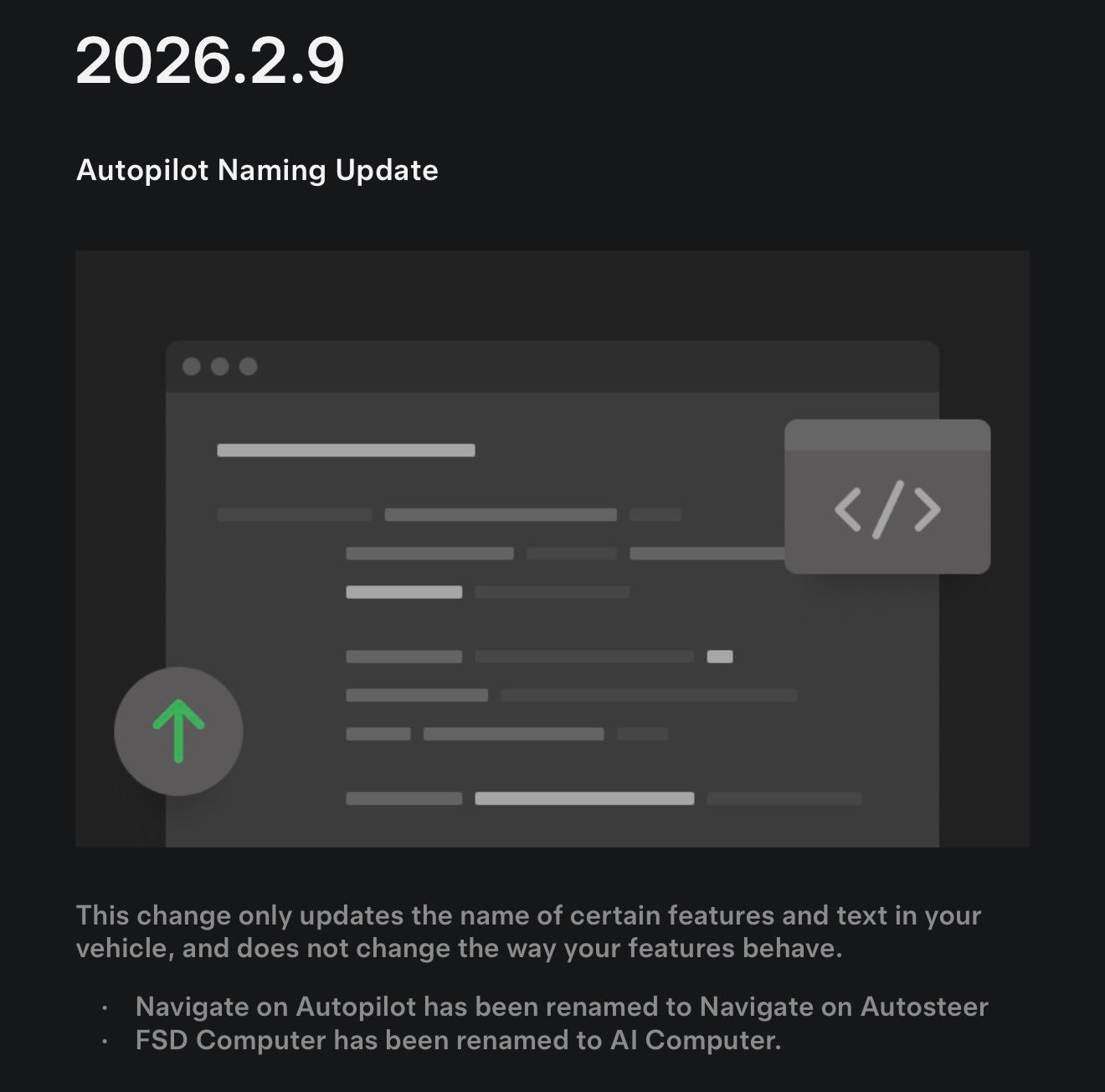特斯拉刚刚推送了一次软件更新，其中对部分功能名称做了调整： • Navigate