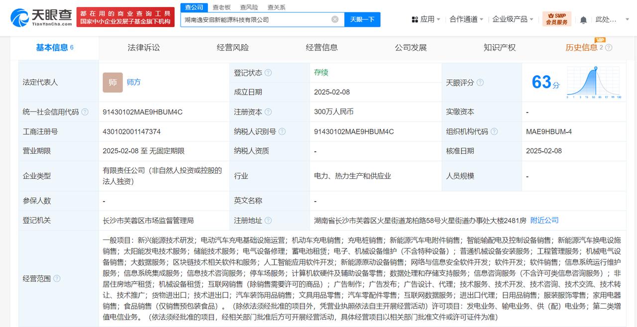 含AI软件开发业务
天眼查App显示，近日，湖南逸安启新能源科技有限公司成立，法