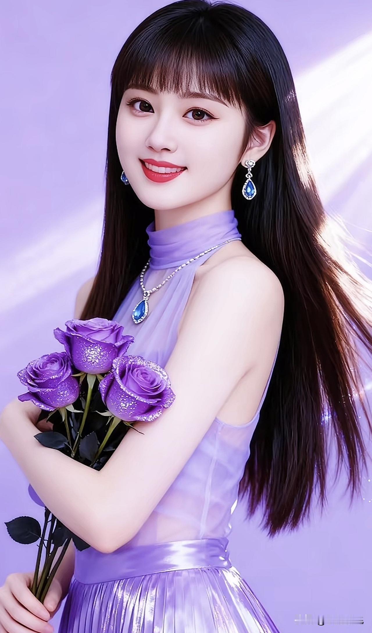 紫色梦幻少女，手捧闪耀玫瑰，甜美笑容，仙气十足！💖🌹紫色花海少女 粉紫色系美