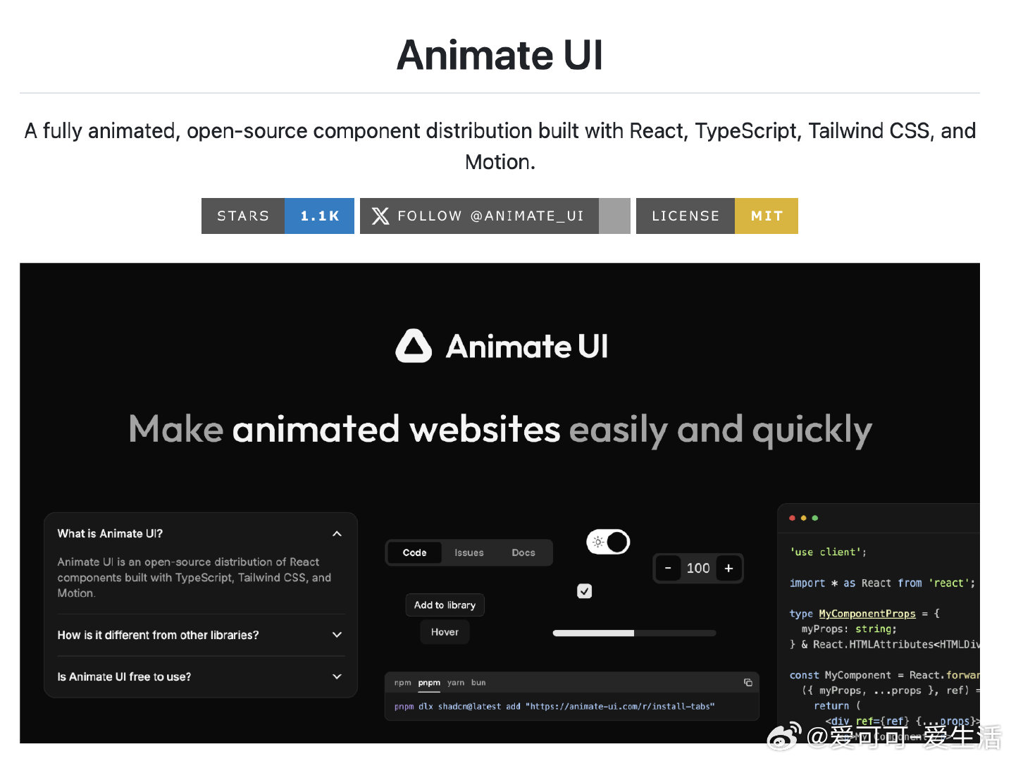 【[1.1k星]animate-ui：一个充满活力的开源组件库，为React项目