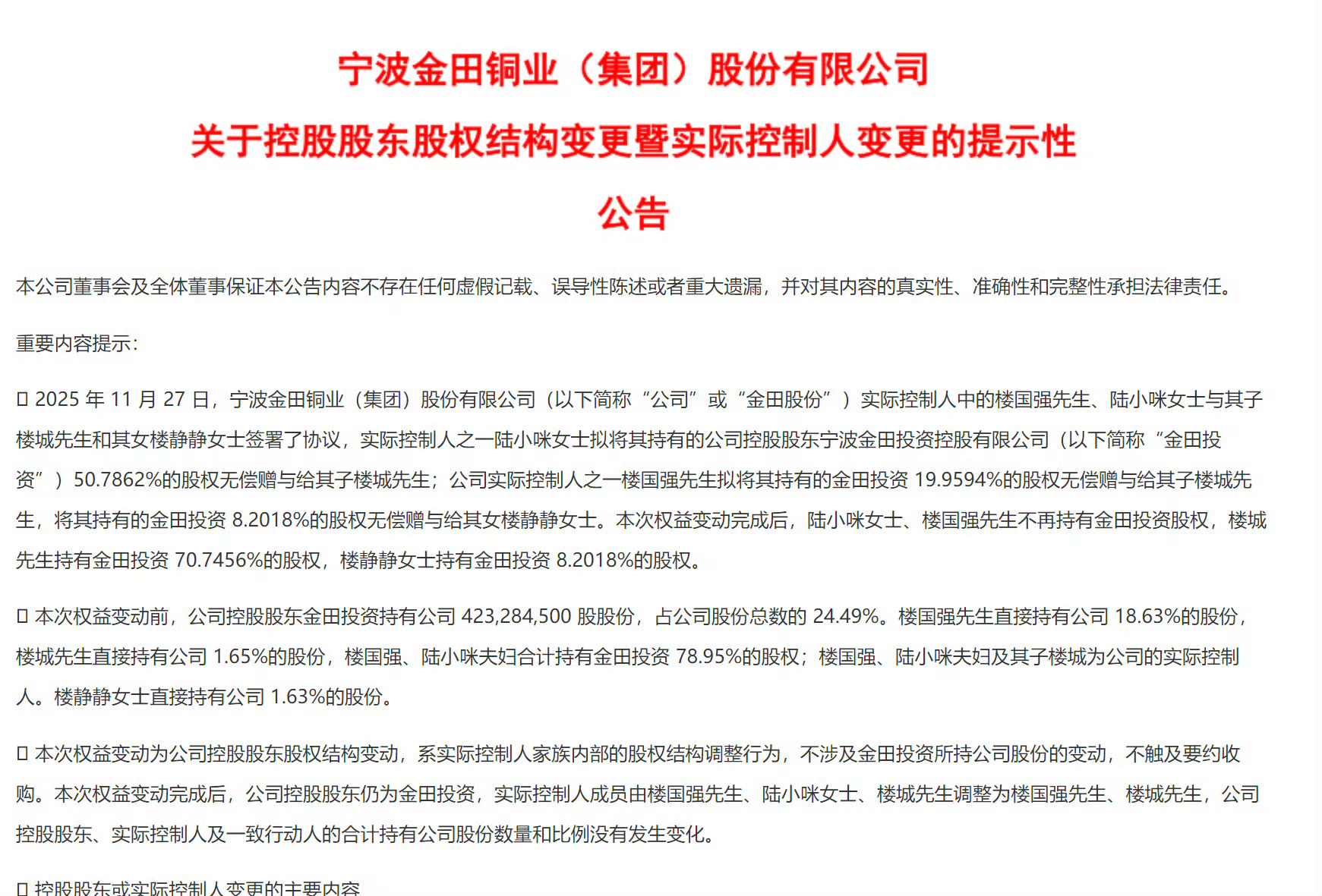 宁波铜王二代接班两子女共获34亿股票 二代接班，宁波铜王“分家产”！两子女获赠3