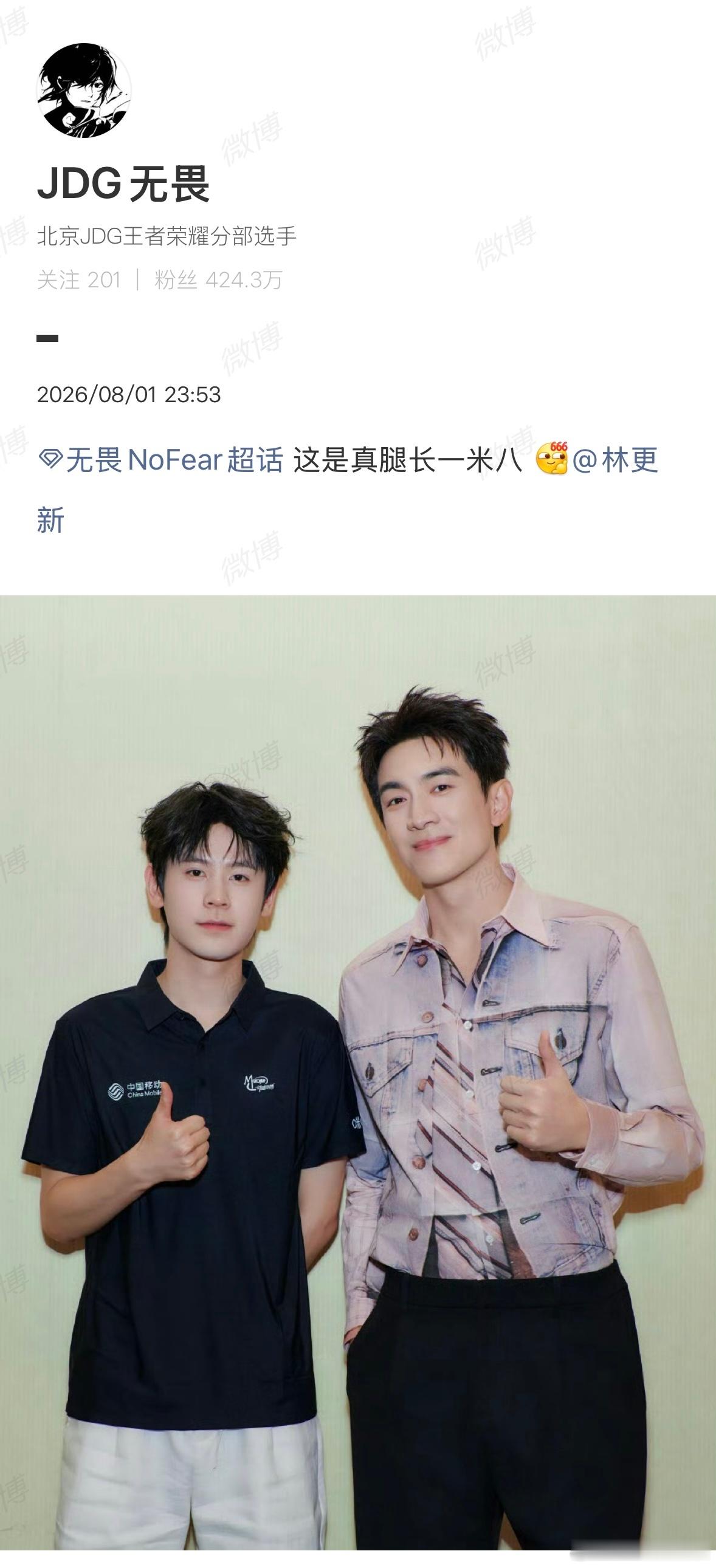 无畏说林更新真腿长一米八无畏：这是真腿长一米八~林更新：游戏里没这外挂啊，还是靠