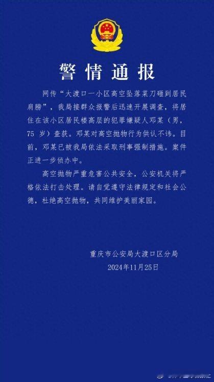 重庆再通报高坠菜刀砸到居民肩膀 【重庆再通报“小区高坠菜刀砸到居民肩膀”：抓获7