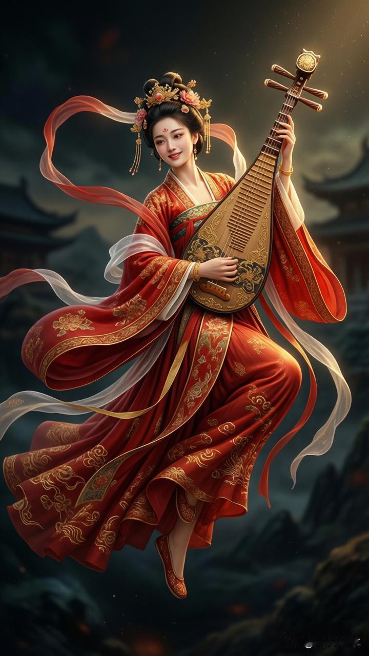 飞天乐舞

红裳飘带舞云端，
手抱琵琶半遮颜。
不似人间凡俗客，
天宫仙女下凡间