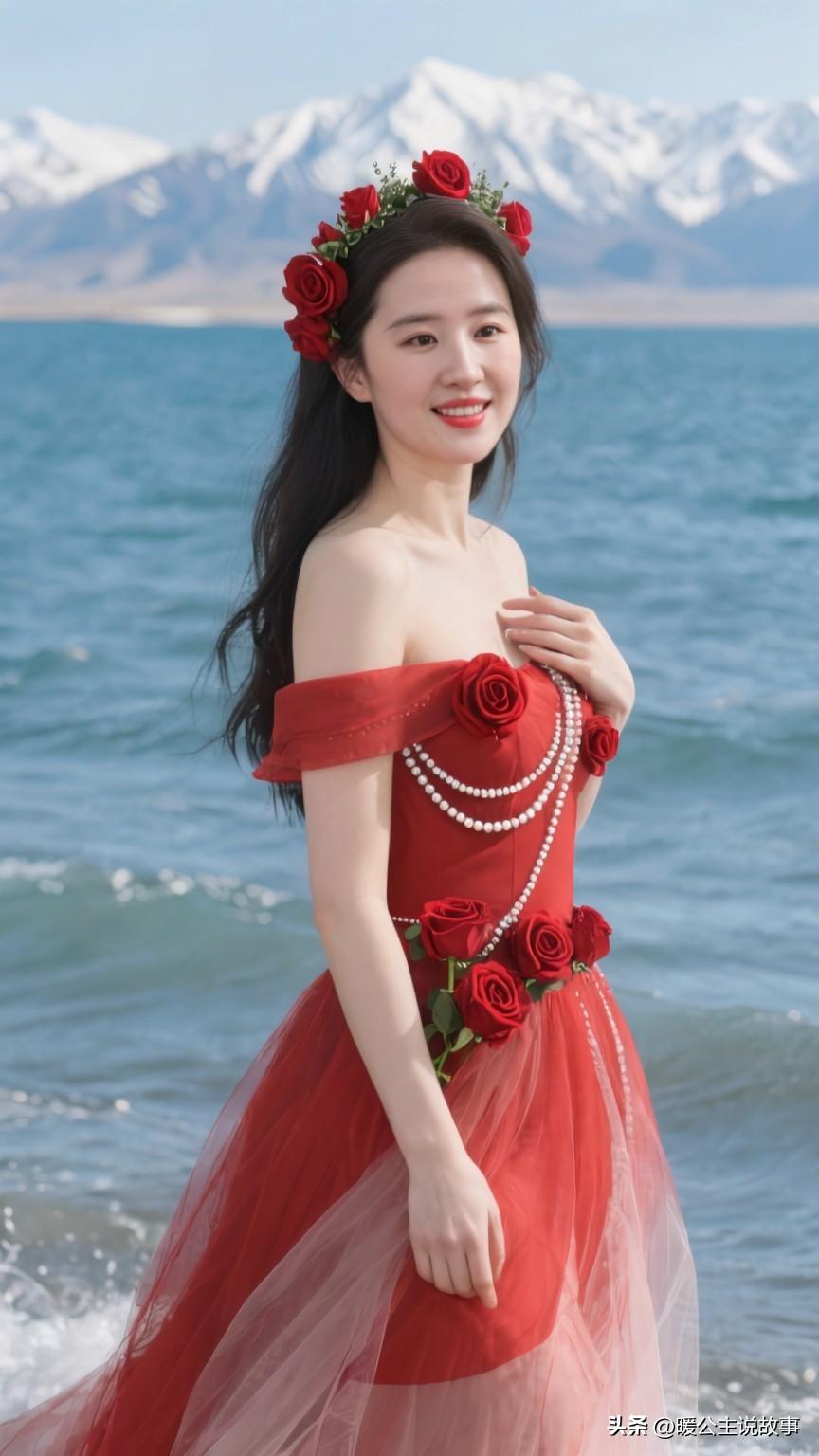 近期刘亦菲在南法的游玩照惊艳众人。碧海蓝天间，她化身红衣少女，与玫瑰相映成趣。她