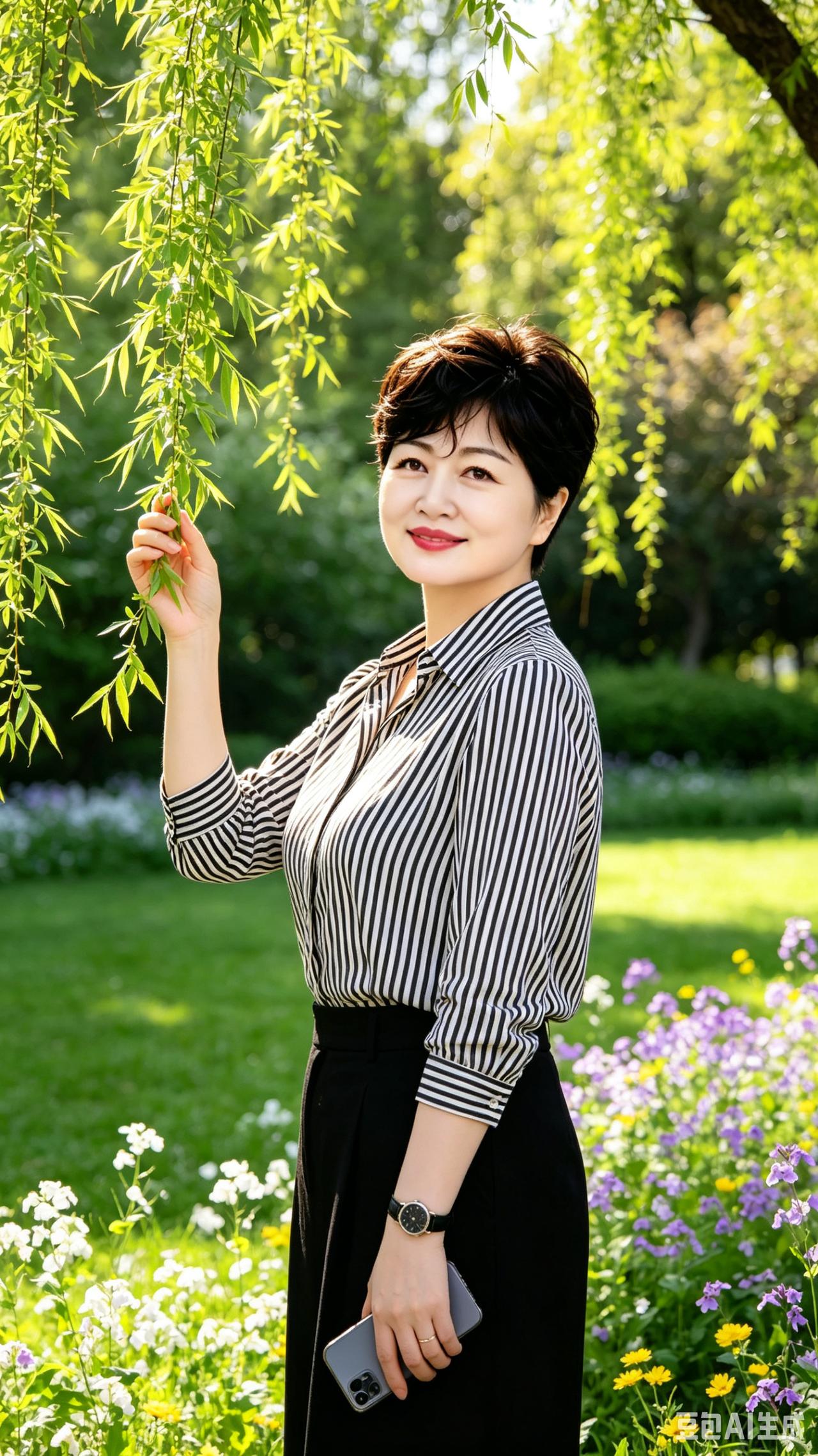 短发姐姐气质佳
条纹衬衫身上搭
右手轻扶柳丝芽
左手手机手中拿
脚下青草漫着花