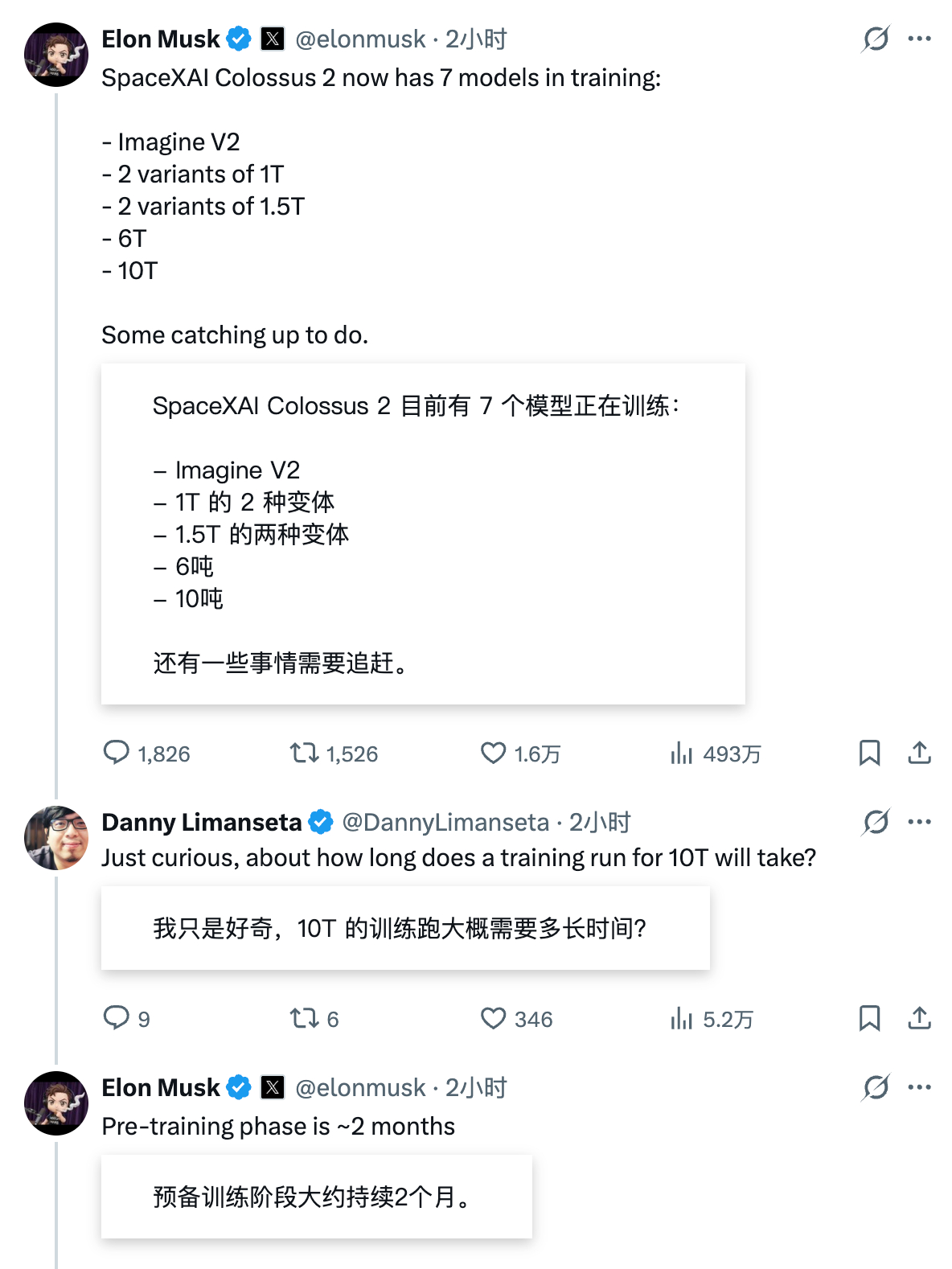 Elon Musk：SpaceXAI 的Colossus 2 集群同时在训练 7
