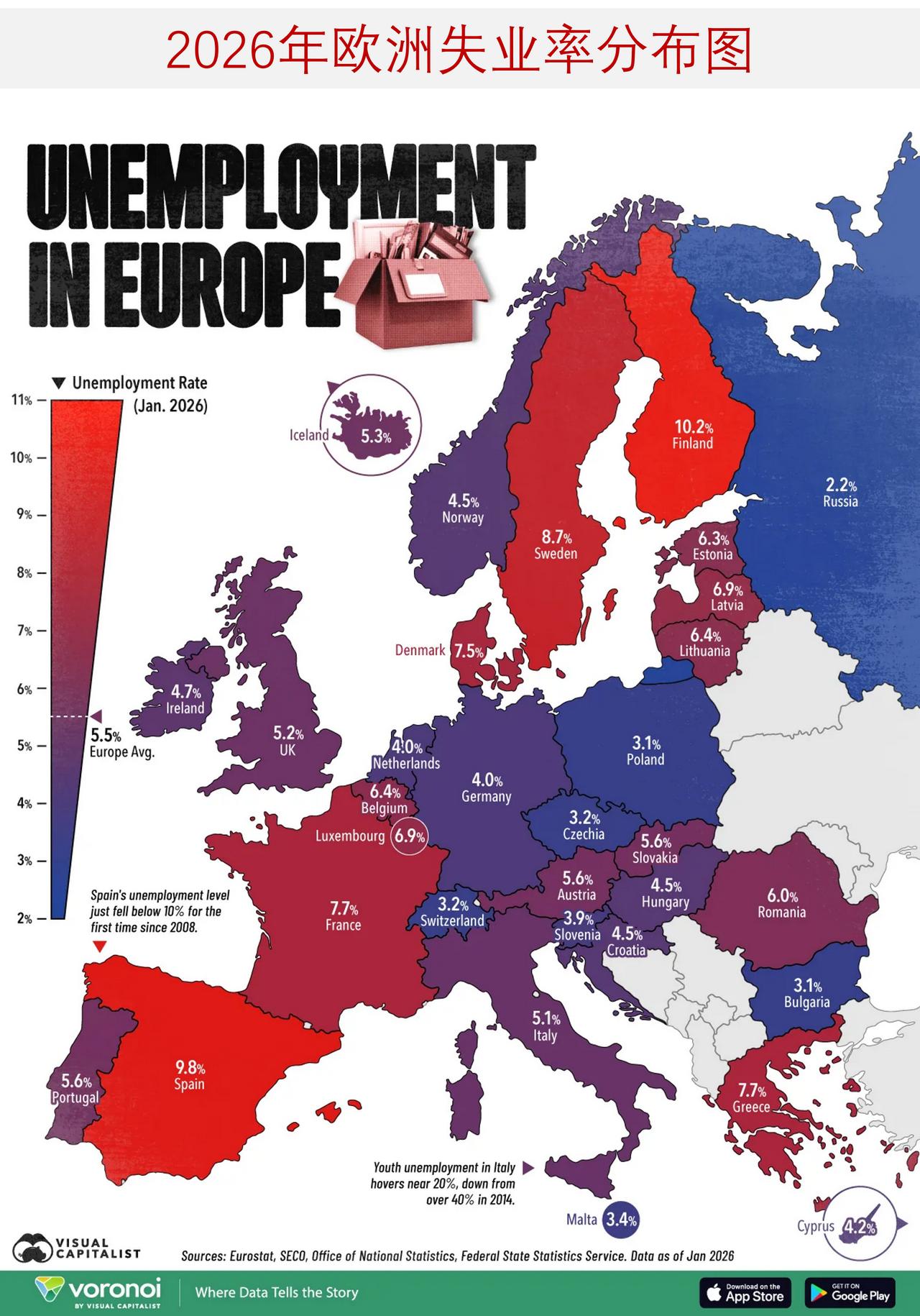 图说2026年欧洲各地失业率 ，看看失业最高与最低榜单

2026年，欧洲劳动力