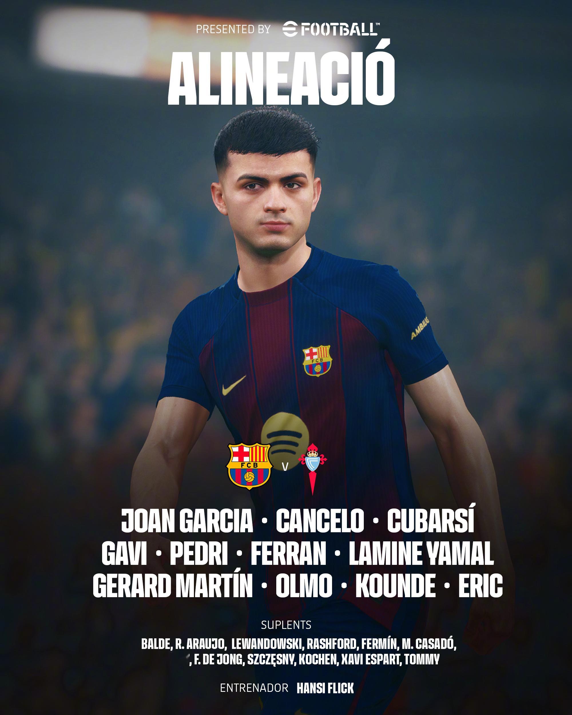 巴萨vs塞尔塔 首发十一人🔥13. 乔安·加西亚 2. 坎塞洛5. 库巴西 6