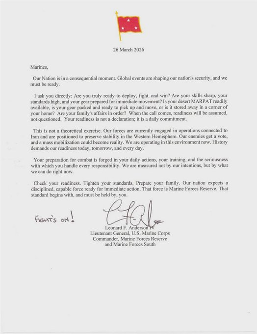 美国海军陆战队预备役部队司令伦纳德·F·安德森的一封信，指示美国海军陆战队预备役