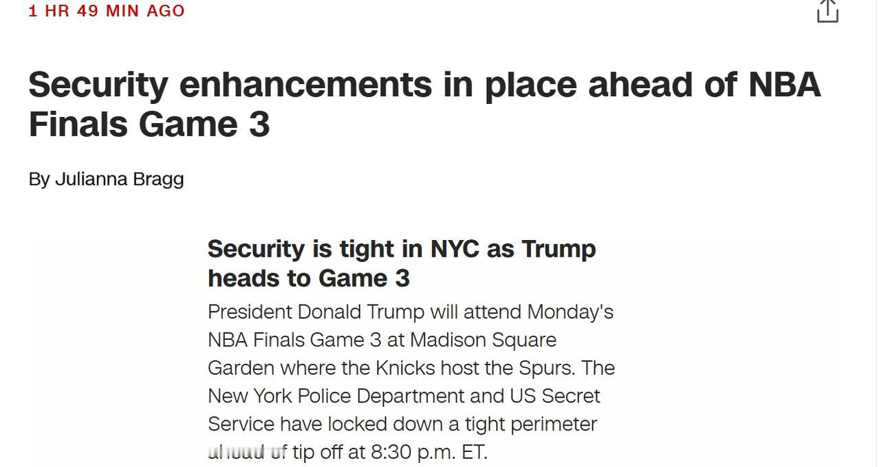 特朗普今晚将现场观看NBA总决赛第三场，马刺球员吐槽安保带来不便
当地时间周一晚