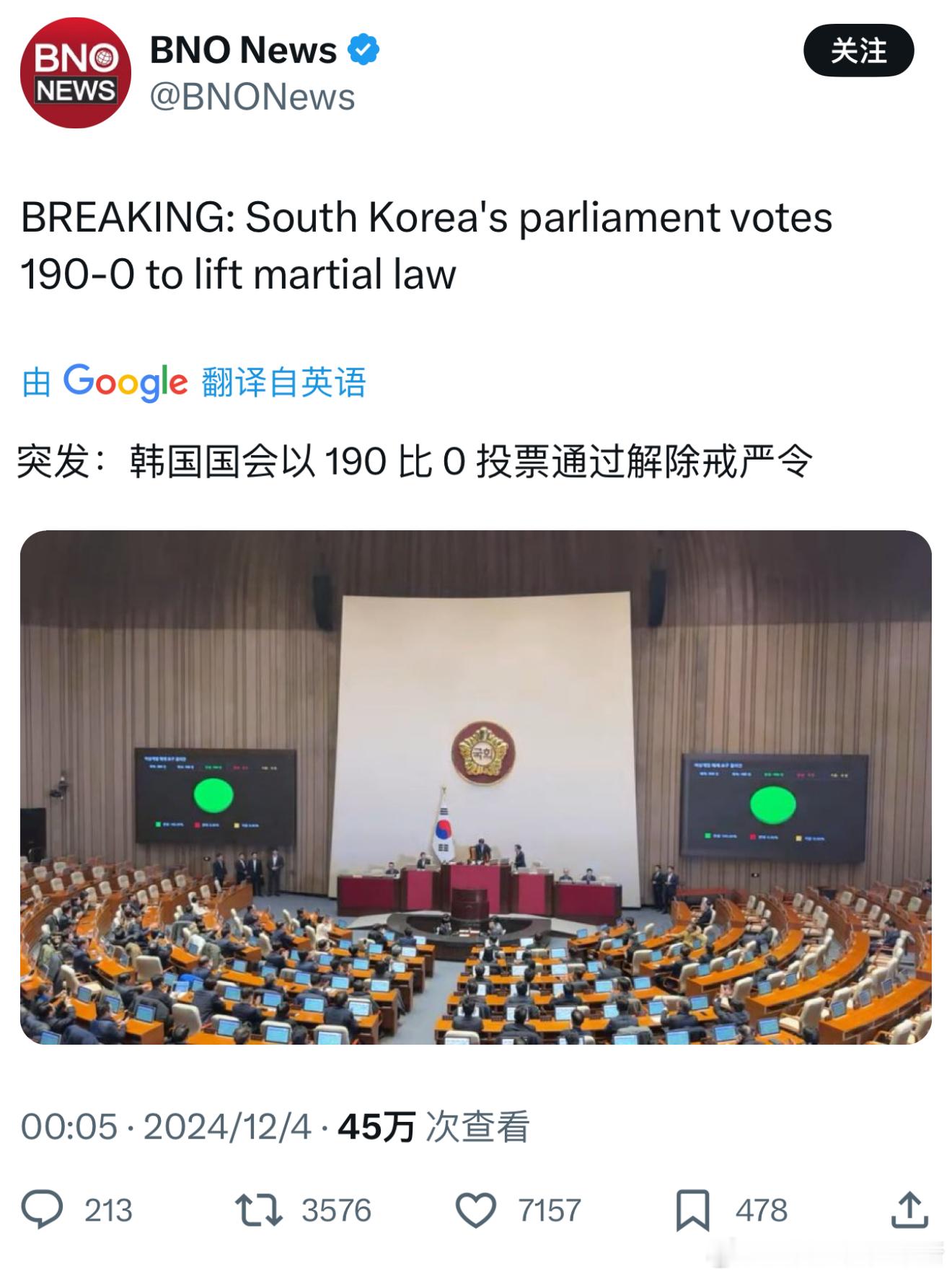 韩国会会议通过解除戒严决议 韩国国会刚刚举行了紧急全体会议，投票以后宣布紧急戒严
