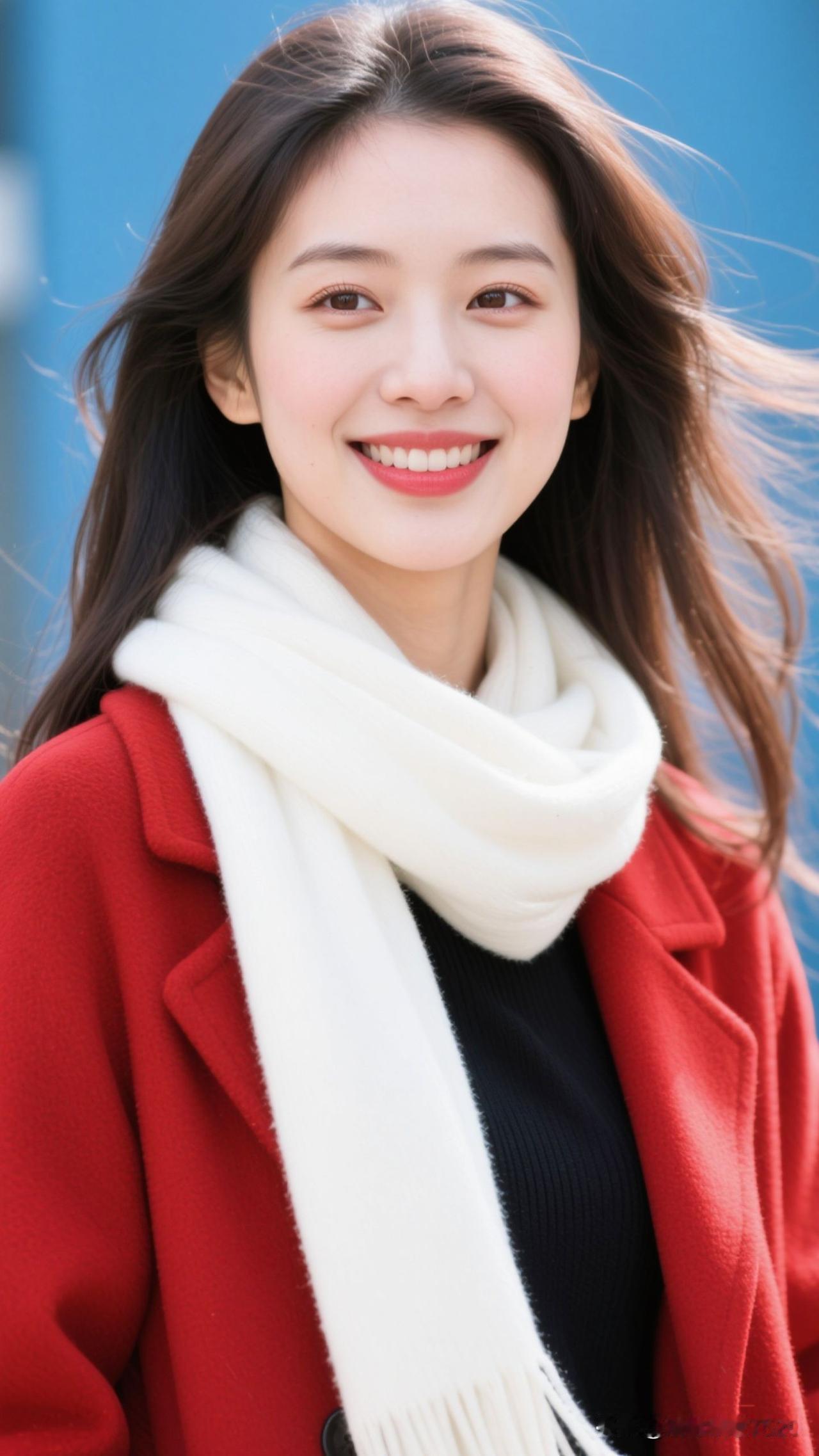 晴空为笺，红衫是晕开的蜜色，白围巾曳着温柔的絮语，一笑便漾满整个冬天的治愈。温柔