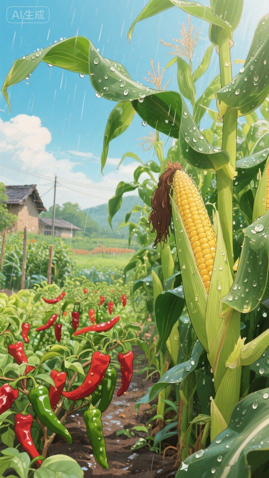 雨中田野，绿意盎然，红绿辣椒与金黄玉米相映成趣，生机勃勃！🌧️🌽🌶️