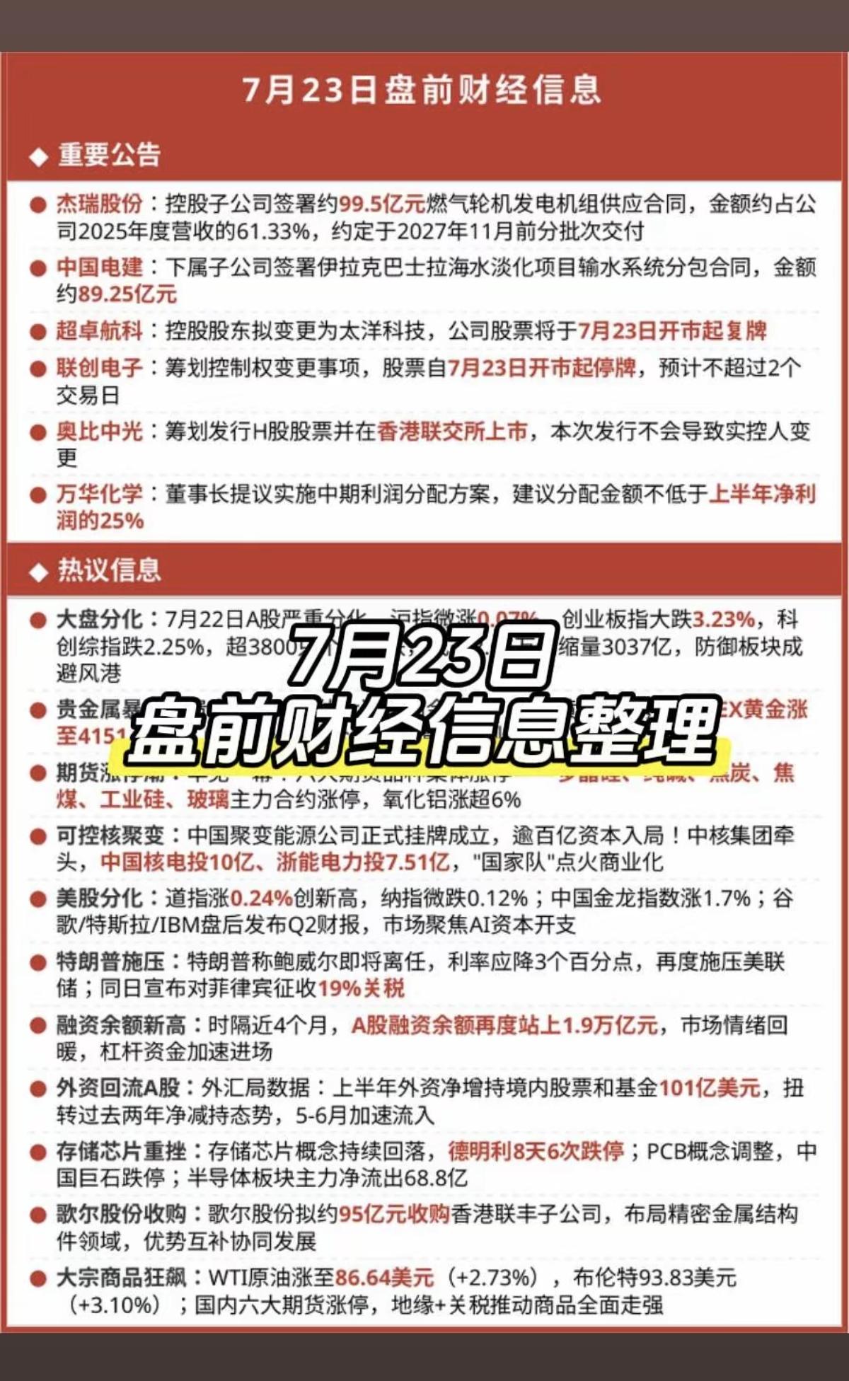 7.23周二   市场热议：财经消息整理！

1.重要公告
2.热议消息
3.多