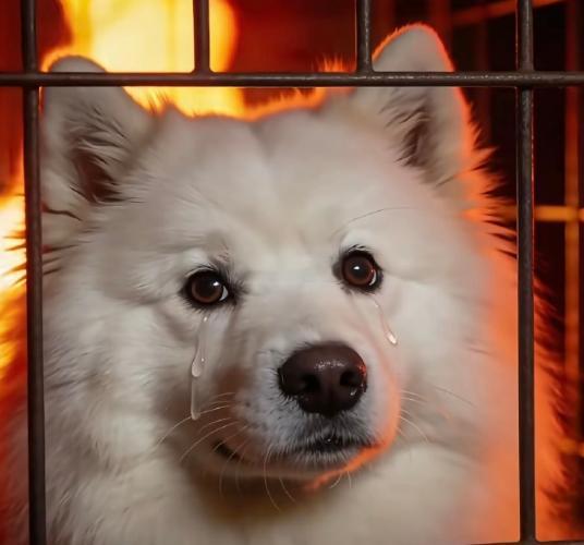 烧死萨摩耶男童被吓到已后悔连云港萨摩耶事件：一只萨摩耶在笼子里，被两个孩子放火烧