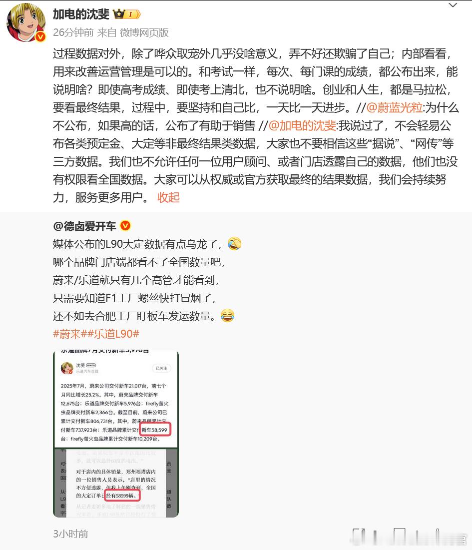 乐道沈斐：不会轻易公布各类预定金、大定等非最终结果类数据，大家也不要相信这些“据