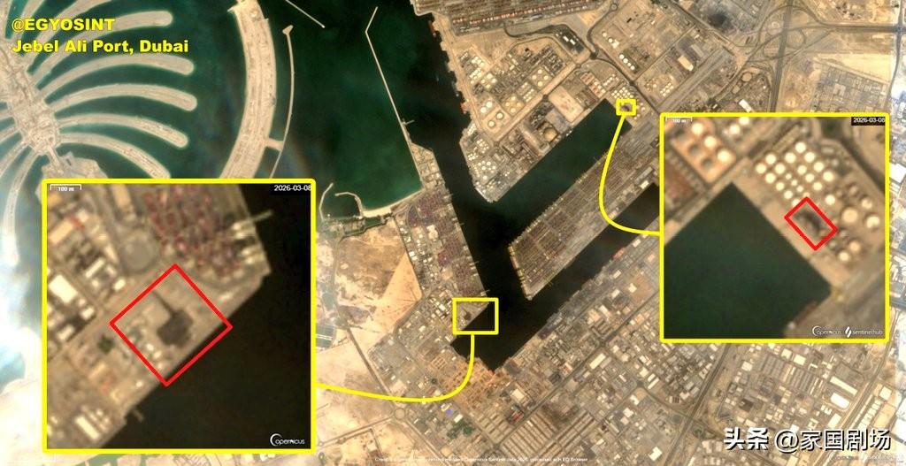 上周， 伊朗对迪拜杰贝阿里港发动袭击， 击中了美国海军设施的一个大型机库/建筑物