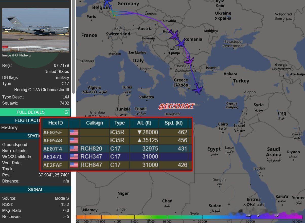 昨天，美国空军的C-17A战略运输机和KC-135R加油机最新一批飞往中东各地的