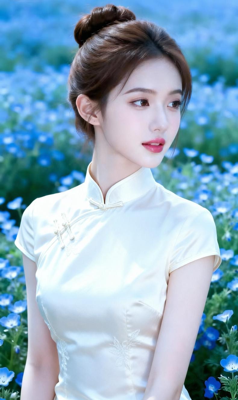 蓝花映旗袍，清风赴温柔
一袭素雅旗袍，藏尽人间温柔
误入蓝色花境，与美好不期而遇