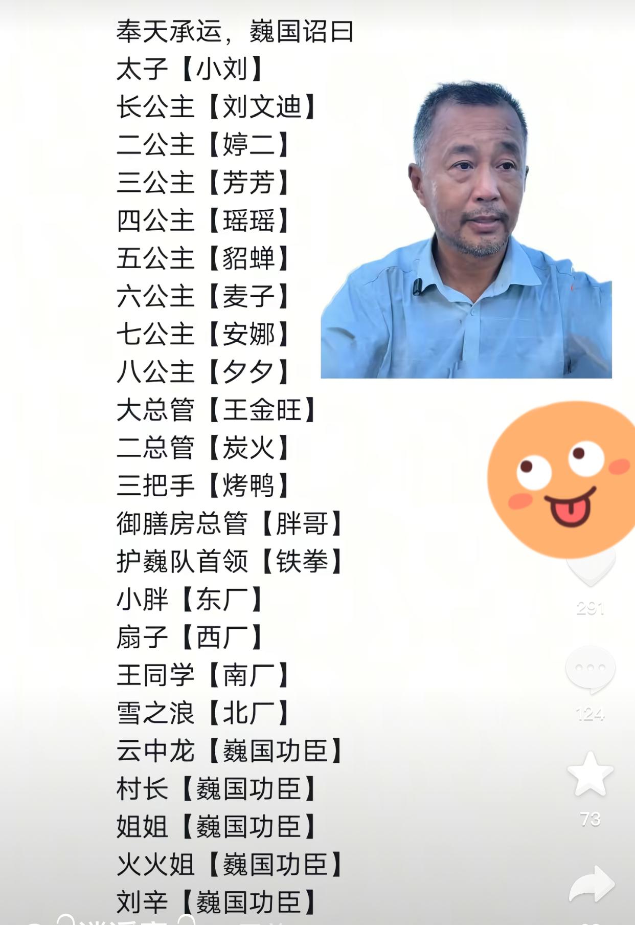 一主播给沈巍318巍军团论资排辈[捂脸]
太子【小刘】
长公主【刘文迪】
二公主
