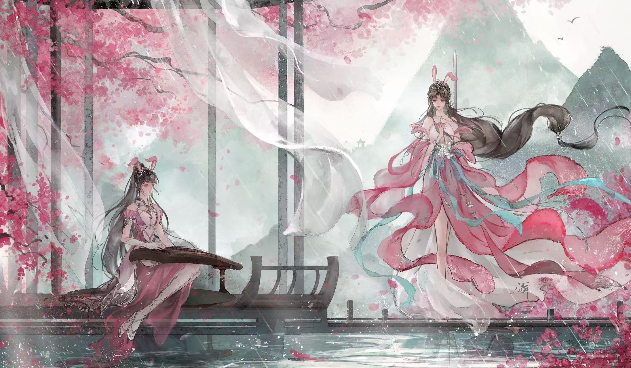 小舞0825生日快乐斗罗大陆小舞 烟雨亭前落粉芳，一人抚曲一人扬。罗衣漫逐飞花雨