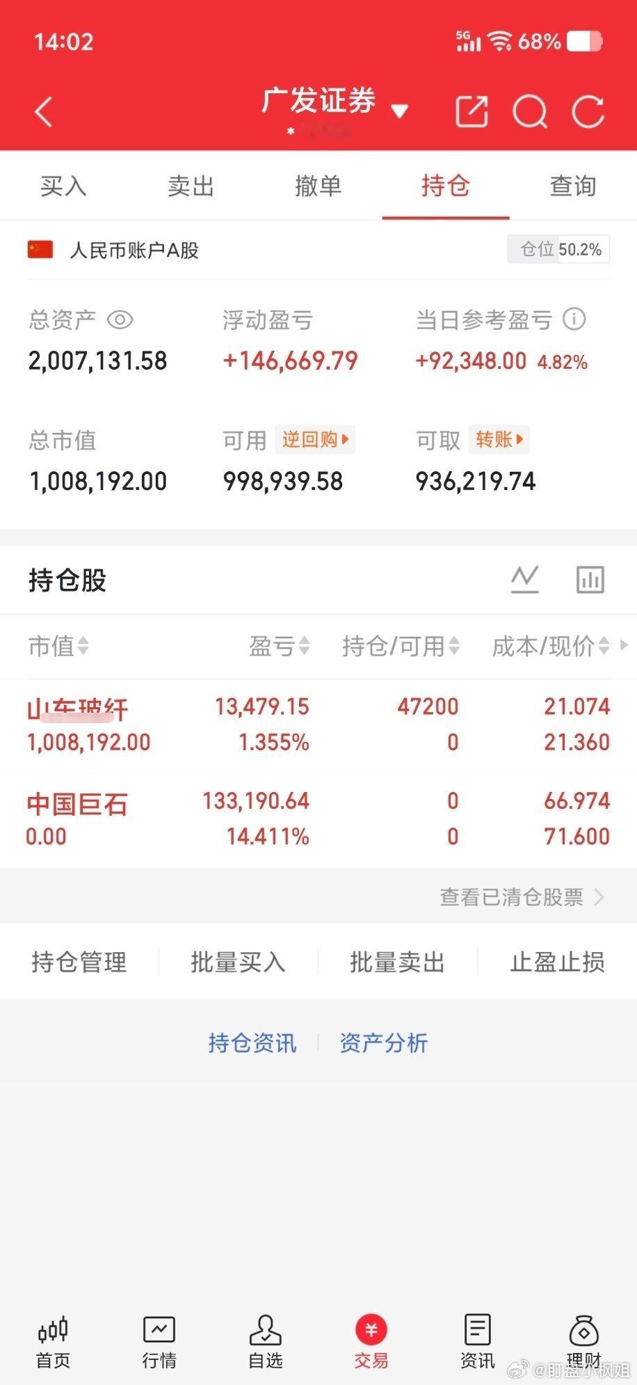 50w本金记录到300w（第47天)卖出：600176 中国巨石买入：60500