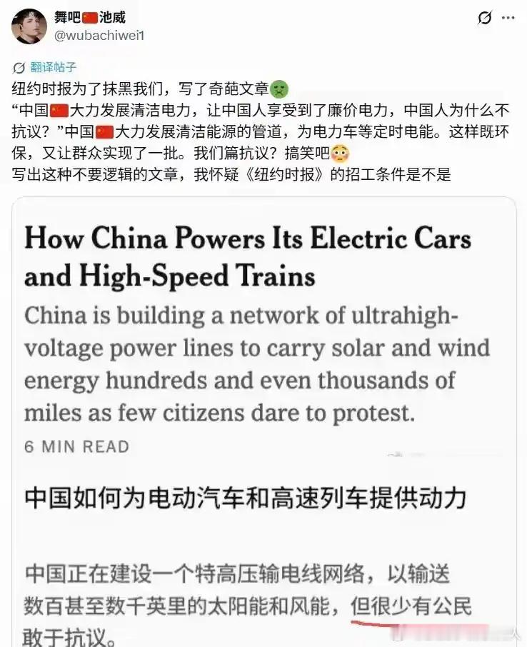 “中国人享受到了廉价电力，但他们为什么不抗议” ​​​