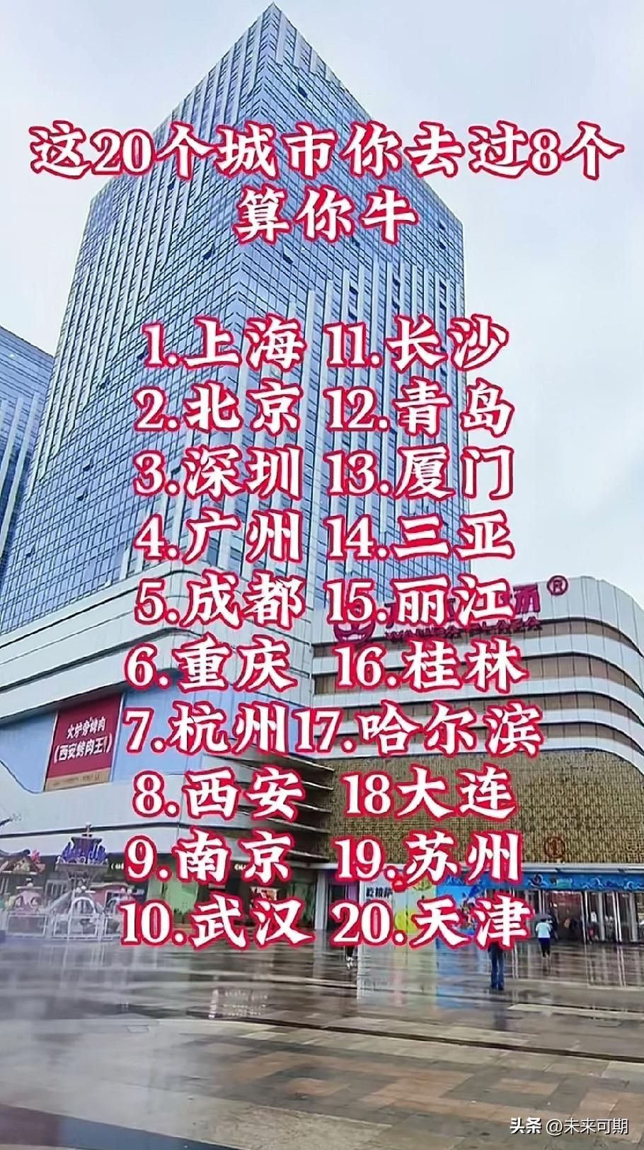 这20个城市你如果过在10个，算你牛。  

如果去过13个以上算你厉害，如果2