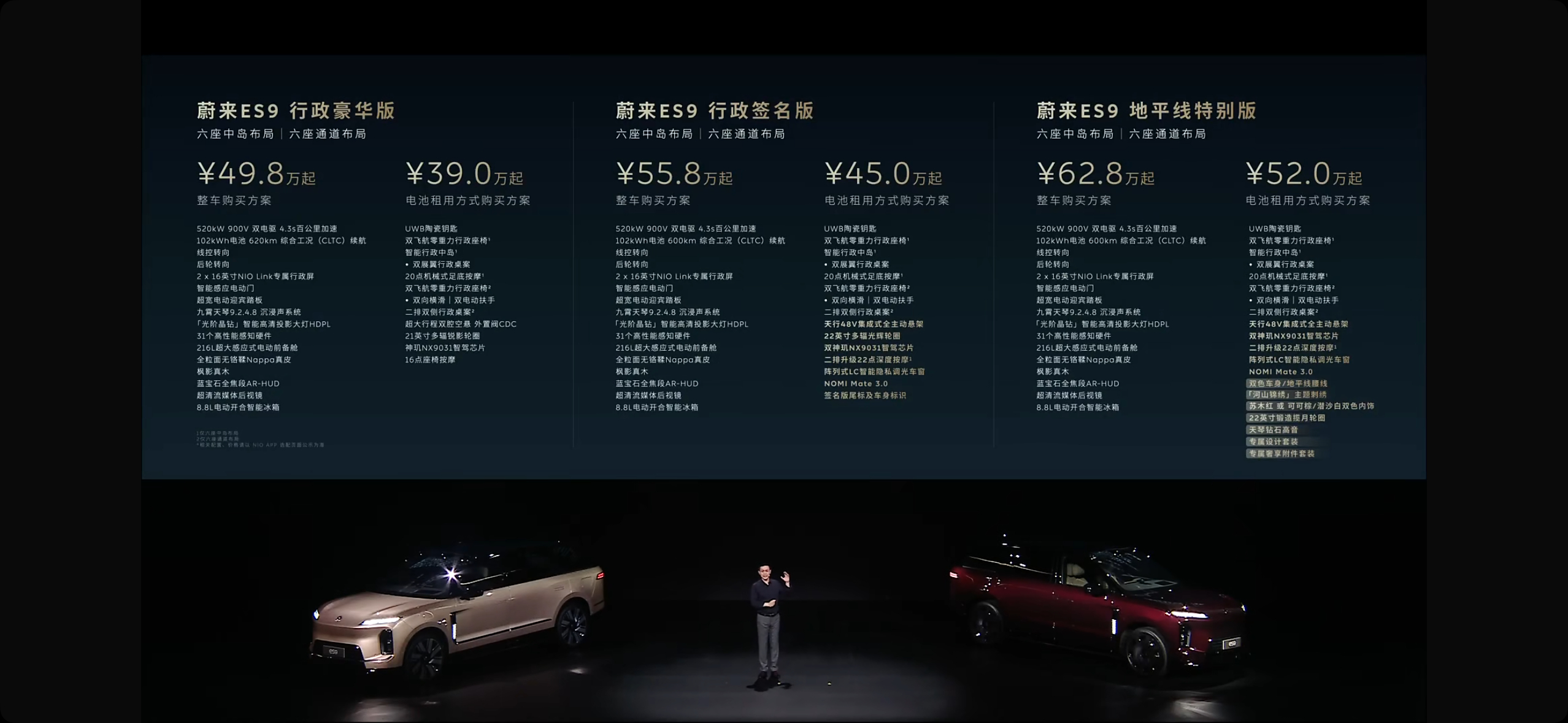 蔚来 ES9 价格来了。每个版型比预售价降了 3 万元，豪华版是 49.8 万元