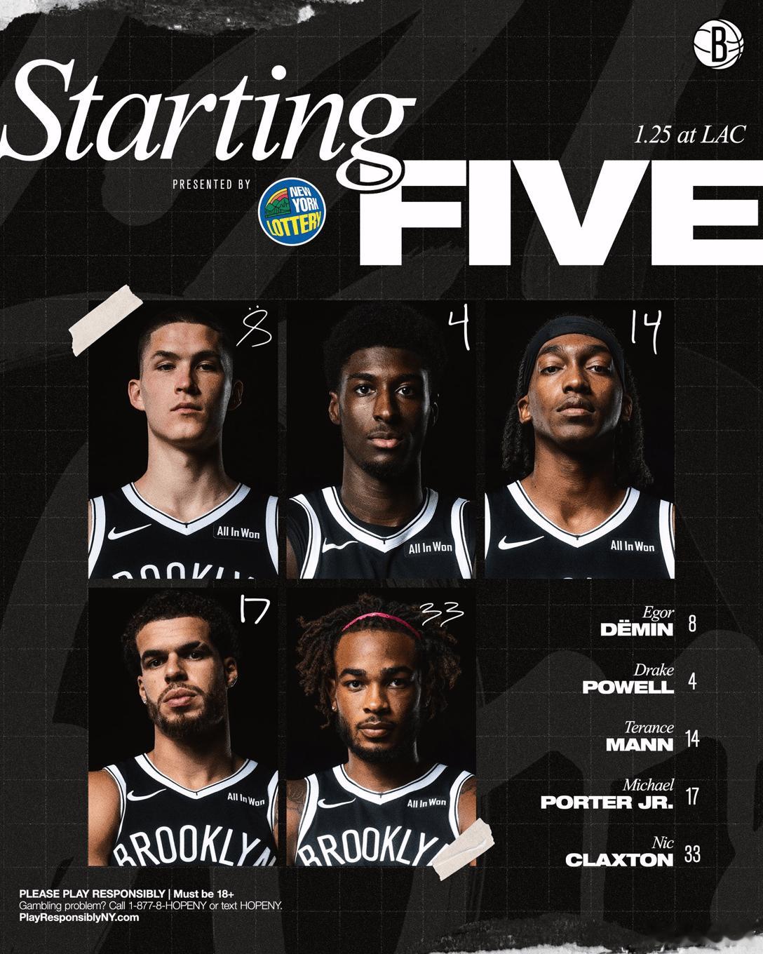 篮网首发：杰明、鲍威尔、特伦斯-曼、小波特、克拉克斯顿。曼恩重回快船队主场，应该