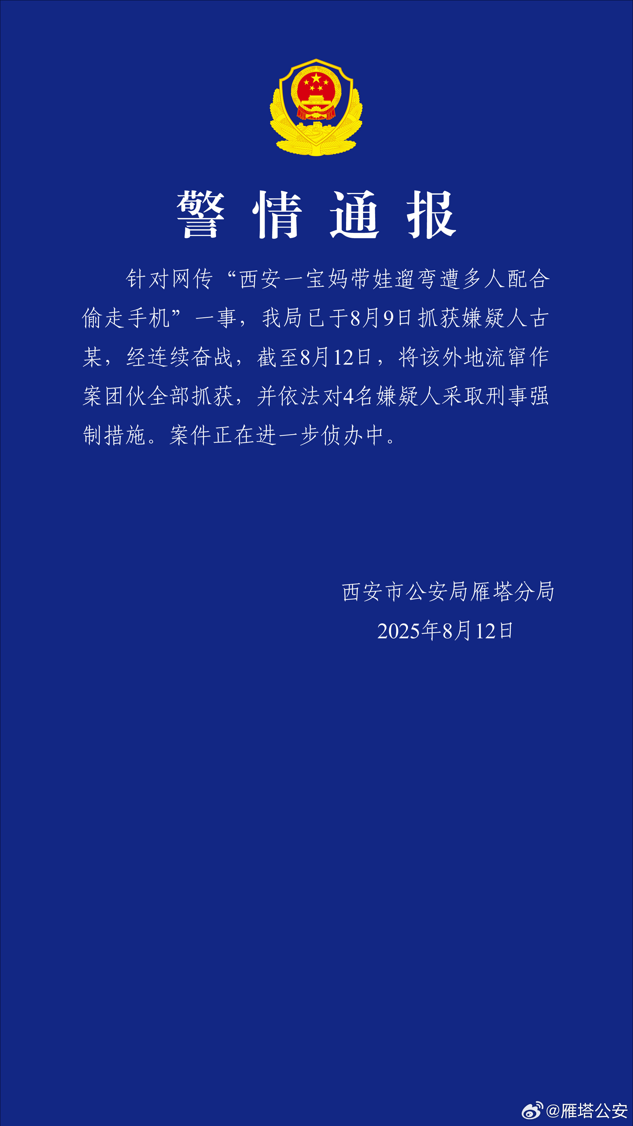 【​​​#4人配合偷走遛娃女子的手机被抓#】#警方再通报女子遛娃遭多人配合偷手机
